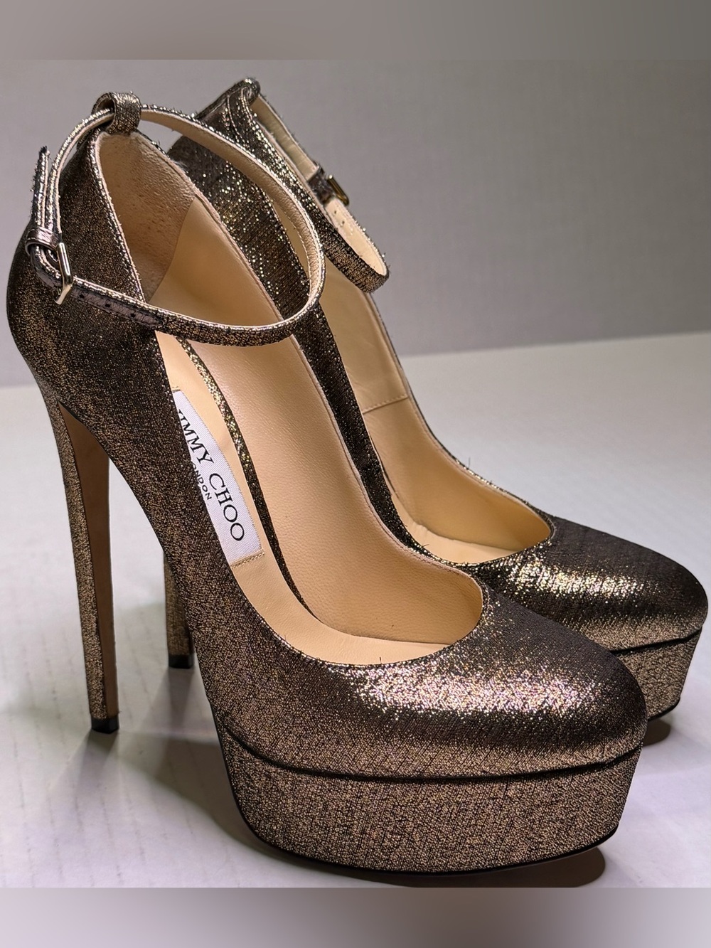 Hello Klerise Jimmy Choo Metallic Platform Ankle Strap Stiletto Heels Pumps 38